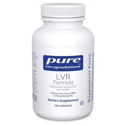 A bottle of Pure Encapsulations LVR Formula dietary supplement with 120 capsules, labeled as gluten-free, non-GMO, and hypoallergenic.