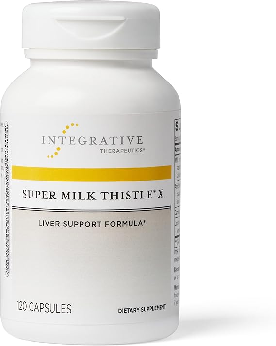 A bottle of Integrative Therapeutics Super Milk Thistle X, a liver support formula, with capsules inside. The label is white with yellow and black text.