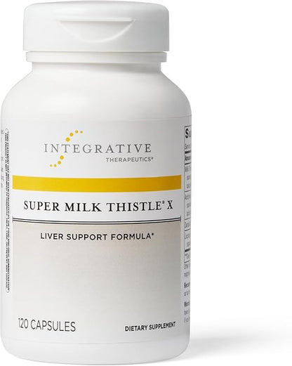 A bottle of Integrative Therapeutics Super Milk Thistle X, a liver support formula, with capsules inside. The label is white with yellow and black text.