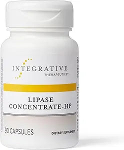 A bottle of Integrative Therapeutics Lipase Concentrate-HP dietary supplement with 90 capsules inside.
