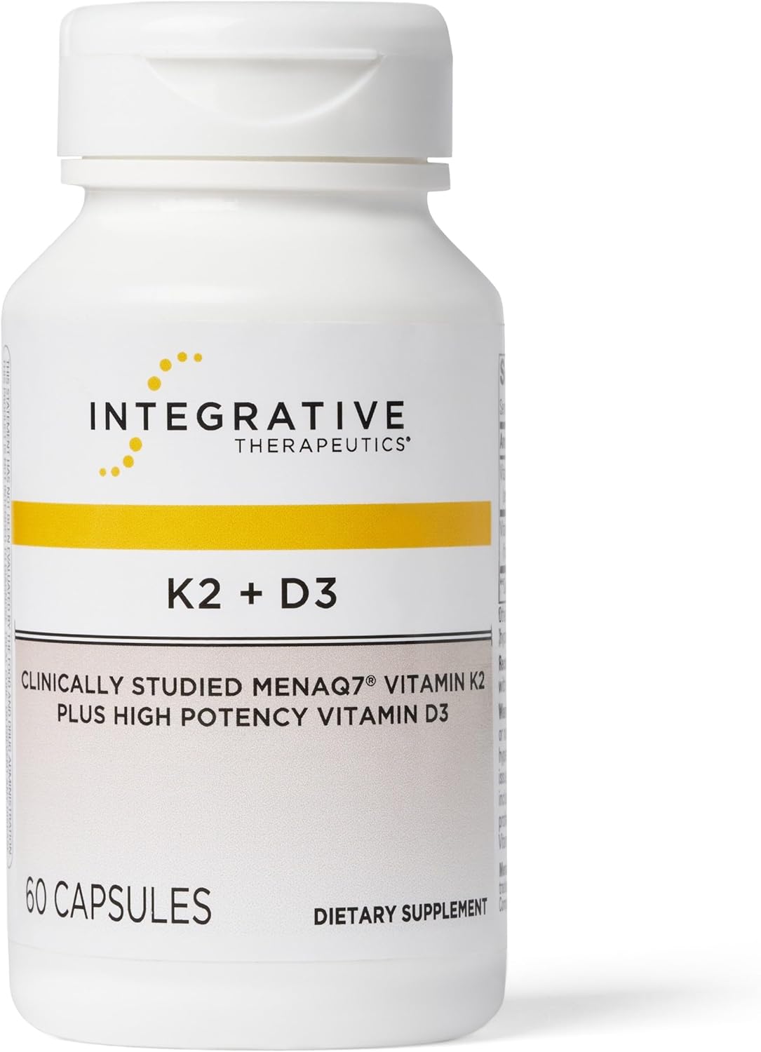 A bottle of Integrative Therapeutics K2 + D3 supplements with 60 capsules, featuring labels for vitamin K2 and D3.