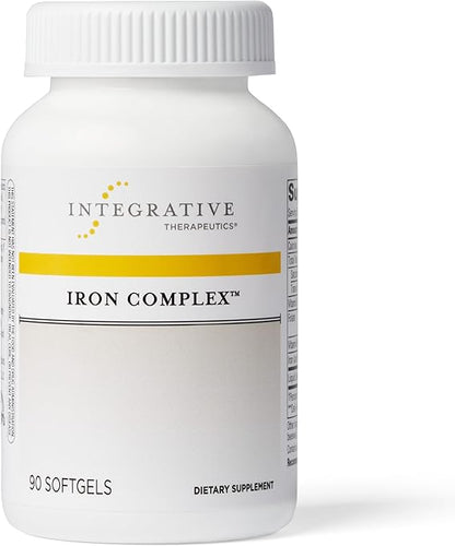 A bottle of Integrative Therapeutics Iron Complex dietary supplement with 90 softgels.