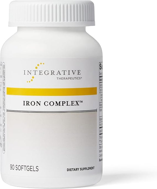 A bottle of Integrative Therapeutics Iron Complex dietary supplement with 90 softgels.