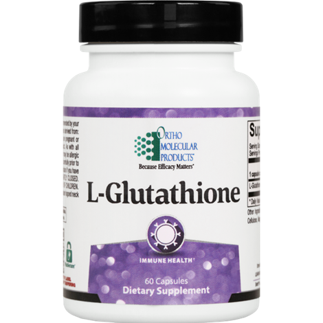 A bottle of OrthoMolecular Products L-Glutathione dietary supplement with 60 capsules, labeled for immune health.