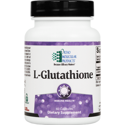 A bottle of OrthoMolecular Products L-Glutathione dietary supplement with 60 capsules, labeled for immune health.