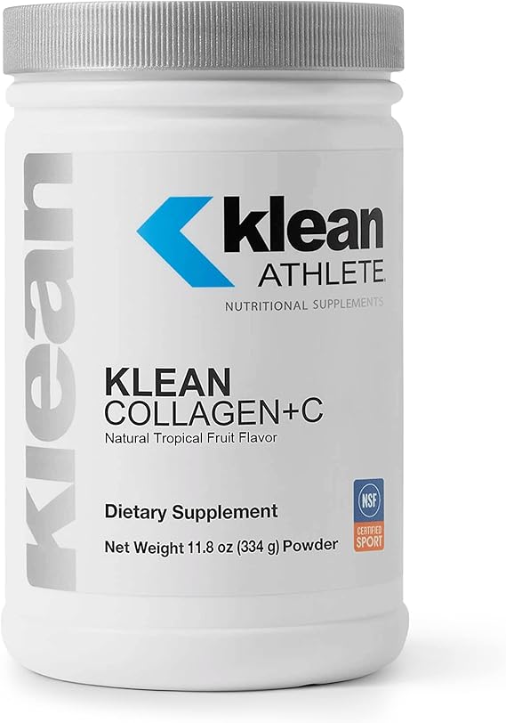 A container of Klean Athlete Collagen+C with Tropical Fruit Flavor, labeled as a dietary supplement.