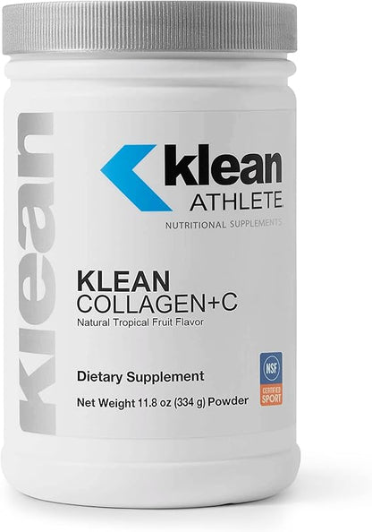 A container of Klean Athlete Collagen+C with Tropical Fruit Flavor, labeled as a dietary supplement.