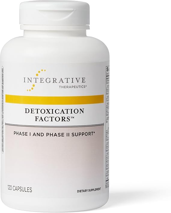 A bottle of Integrative Therapeutics Detoxication Factors dietary supplement with 60 capsules, labeled for supporting healthy Phase I and II detoxication pathways in the liver.