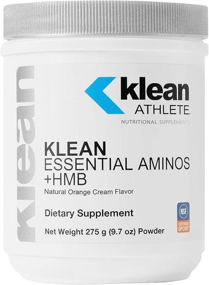 A container of Klean Athlete Klean Essential Aminos +HMB dietary supplement in Natural Orange Cream Flavor, indicating the product is a powder.