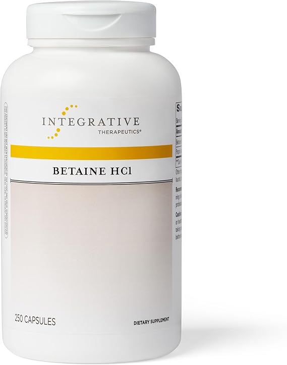 A bottle of Integrative Therapeutics Betaine HCI with 120 capsules, labeled for supporting protein digestion.
