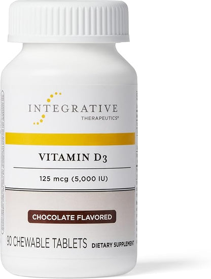 A bottle of Integrative Therapeutics Vitamin D3 125 mcg (5,000 IU) chewable tablets, chocolate flavored, with 30 tablets supplied.