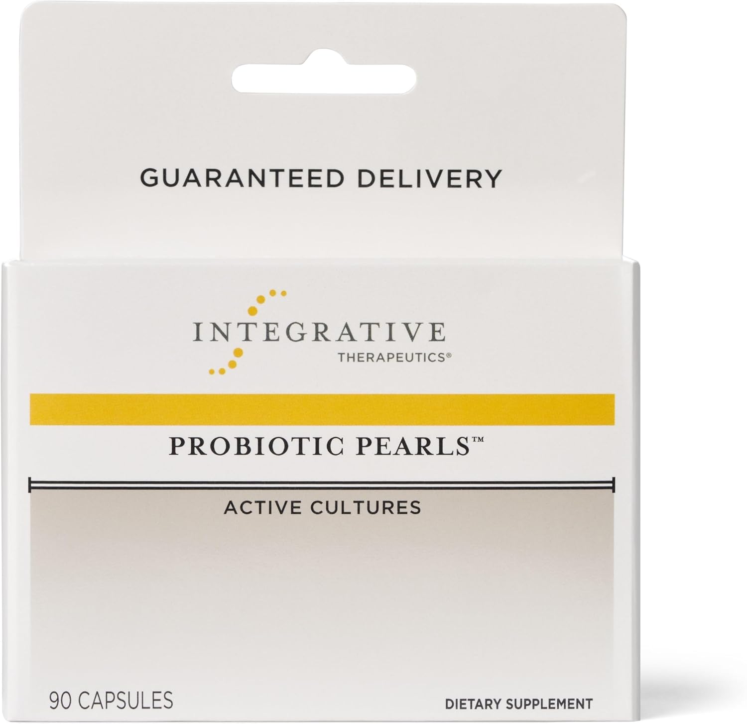 Packaging of Integrative Therapeutics Probiotic Pearls, containing 90 capsules, with a guarantee of delivery and active cultures, marketed as a dietary supplement for digestive and immune health.