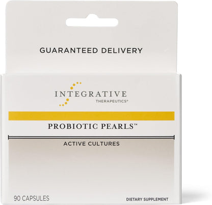 Packaging of Integrative Therapeutics Probiotic Pearls, containing 90 capsules, with a guarantee of delivery and active cultures, marketed as a dietary supplement for digestive and immune health.