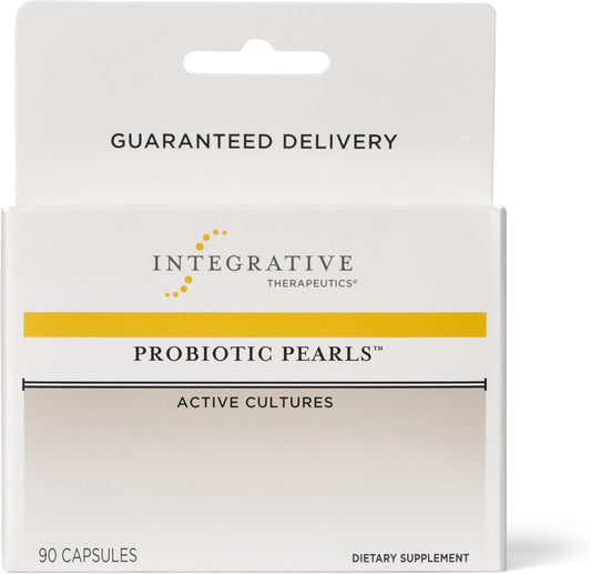 Packaging of Integrative Therapeutics Probiotic Pearls, containing 90 capsules, with a guarantee of delivery and active cultures, marketed as a dietary supplement for digestive and immune health.