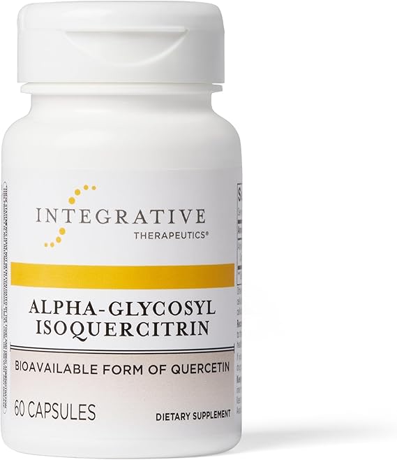 A bottle of Integrative Therapeutics Alpha-Glycosyl Isoquercitrin dietary supplement with 60 capsules.