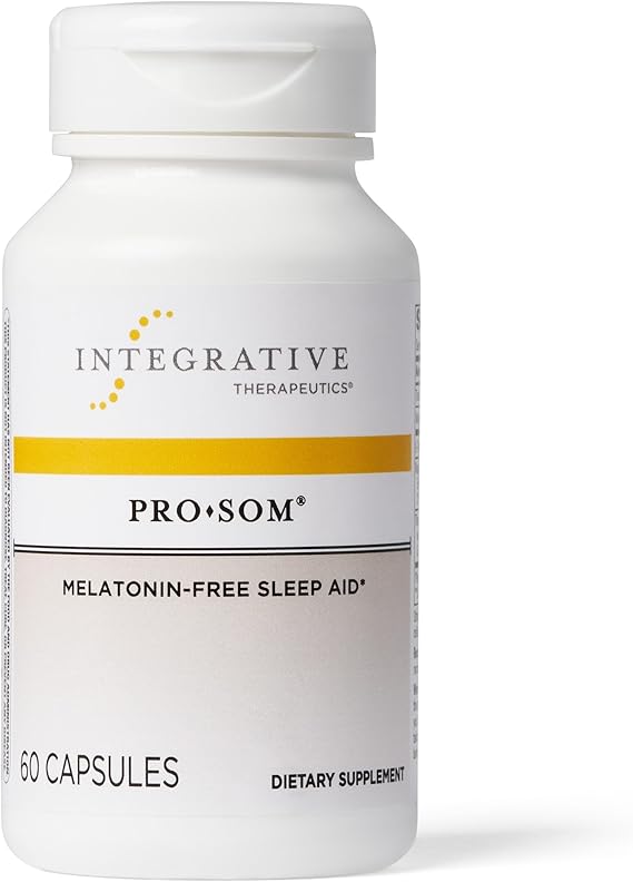 A bottle of Integrative Therapeutics Pro-Som dietary supplement with 60 capsules, labeled as melatonin-free sleep aid.