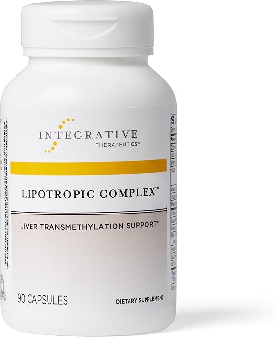 A bottle of Integrative Therapeutics Lipotropic Complex dietary supplement with 90 capsules, labeled for liver transmethylation support.