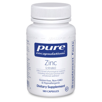 A bottle of Pure Encapsulations Zinc (citrate) dietary supplement containing 180 capsules.