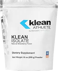 A packet of Klean Isolate dietary supplement in Natural Strawberry Flavor, with a net weight of 18 oz (500 g) powder.