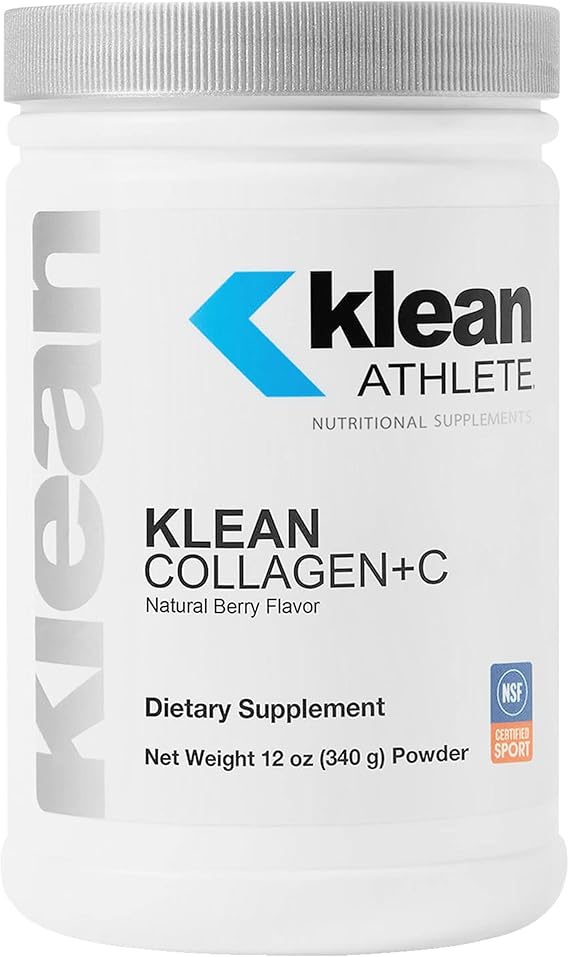 A container of Klean Collagen+C with natural berry flavor, labeled as a dietary supplement.