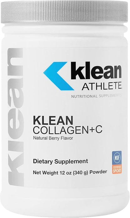 A container of Klean Collagen+C with natural berry flavor, labeled as a dietary supplement.