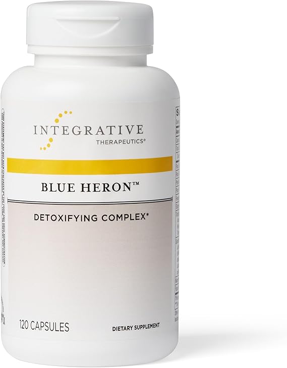 A bottle of Integrative Therapeutics Blue Heron Detoxifying Complex dietary supplement with 120 capsules.