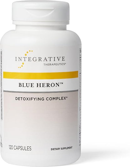 A bottle of Integrative Therapeutics Blue Heron Detoxifying Complex dietary supplement with 120 capsules.