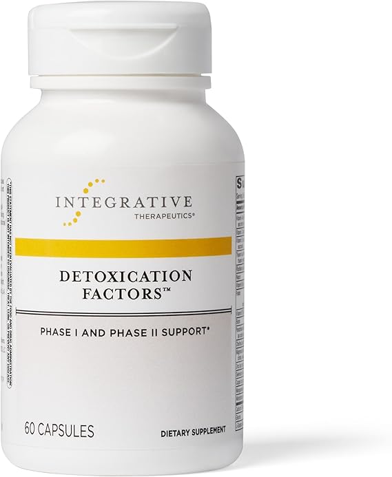 A bottle of Integrative Therapeutics Detoxication Factors dietary supplement with 60 capsules, labeled for supporting healthy Phase I and II detoxication pathways in the liver.