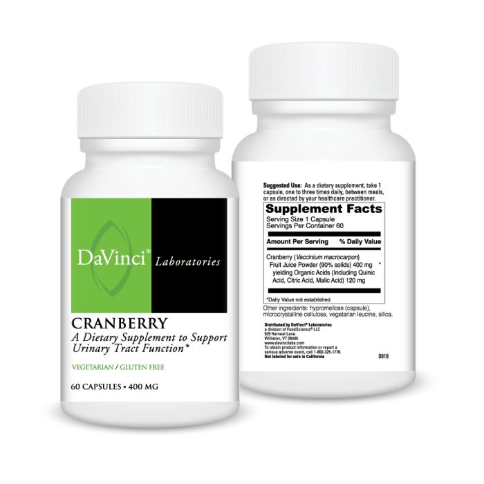Two bottles of DaVinci Laboratories Cranberry dietary supplement on a white background