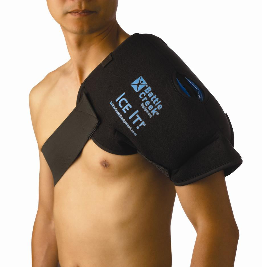 Person wearing a black shoulder ice pack with 'Ice It' branding on a white background