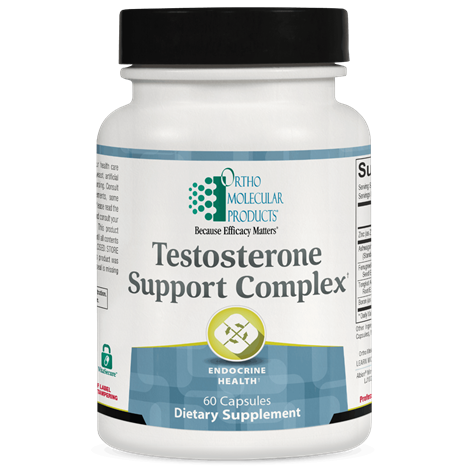 Supplement bottle labeled 'Testosterone Support Complex' by Ortho Molecular Products on a white background.