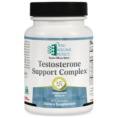 Supplement bottle labeled 'Testosterone Support Complex' by Ortho Molecular Products on a white background.