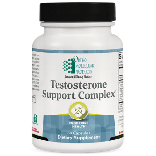 Supplement bottle labeled 'Testosterone Support Complex' by Ortho Molecular Products on a white background.