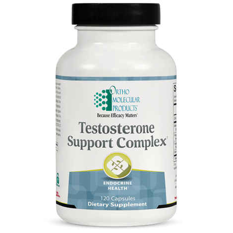 Supplement bottle labeled 'Testosterone Support Complex' by Ortho Molecular Products on a white background.