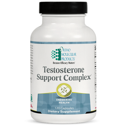 Supplement bottle labeled 'Testosterone Support Complex' by Ortho Molecular Products on a white background.