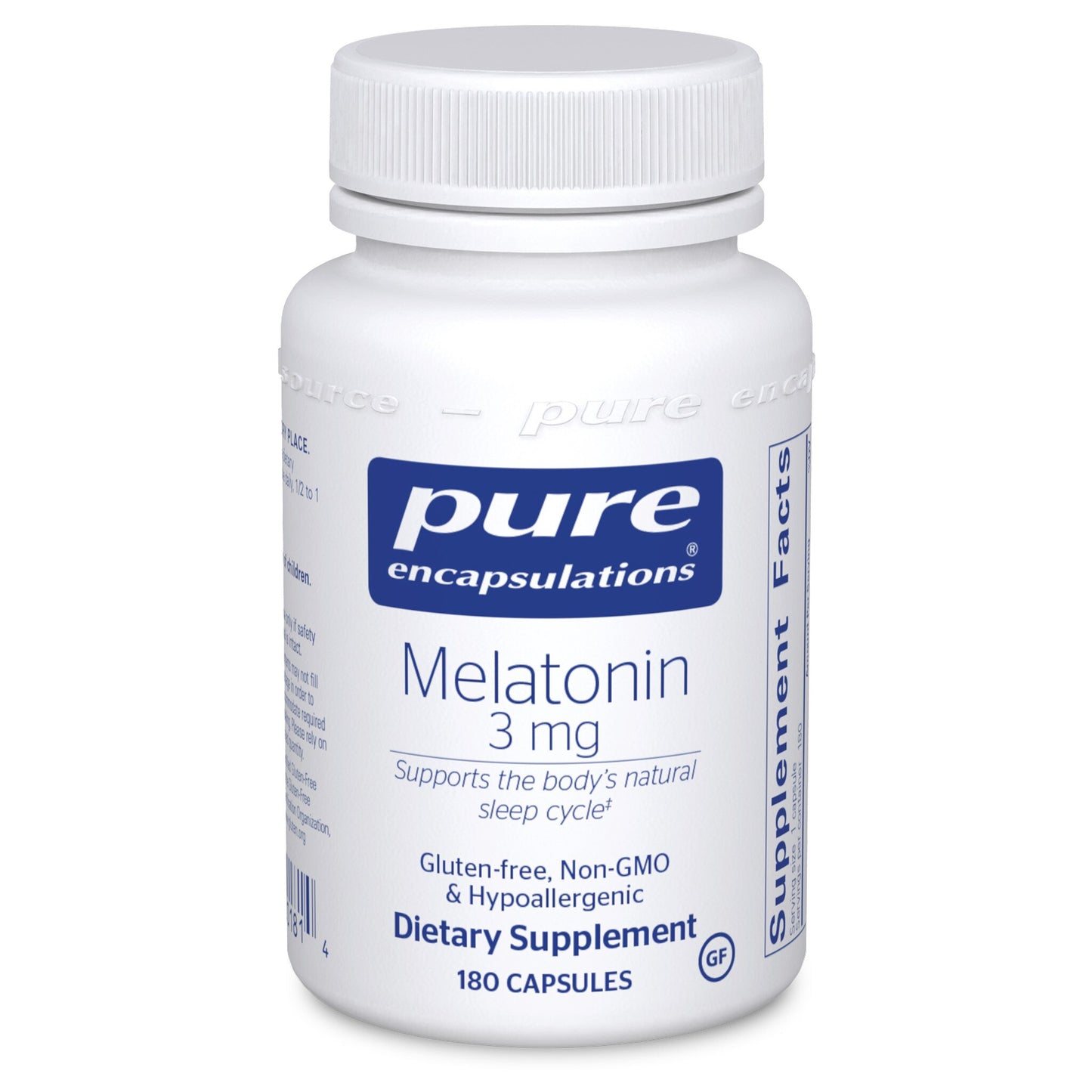 A bottle of Pure Encapsulations Melatonin 3 mg dietary supplement containing 180 capsules, with labels indicating gluten-free, non-GMO, and hypoallergenic.