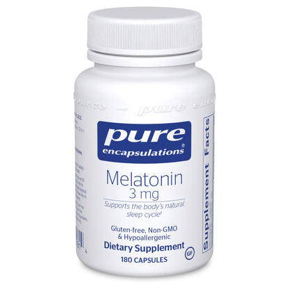 A bottle of Pure Encapsulations Melatonin 3 mg dietary supplement containing 180 capsules, with labels indicating gluten-free, non-GMO, and hypoallergenic.