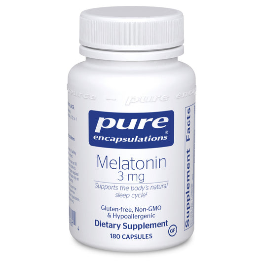 A bottle of Pure Encapsulations Melatonin 3 mg dietary supplement containing 180 capsules, with labels indicating gluten-free, non-GMO, and hypoallergenic.
