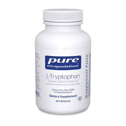 A bottle of Pure Encapsulations L-Tryptophan dietary supplement with 90 capsules, labeled for supporting emotional wellness, restful sleep, and relaxation.