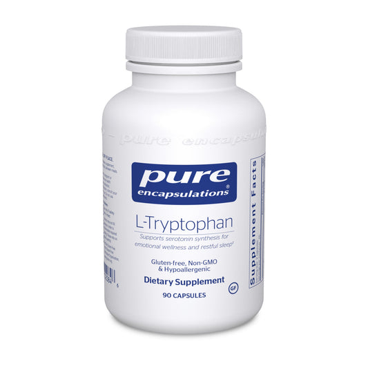 A bottle of Pure Encapsulations L-Tryptophan dietary supplement with 90 capsules, labeled for supporting emotional wellness, restful sleep, and relaxation.