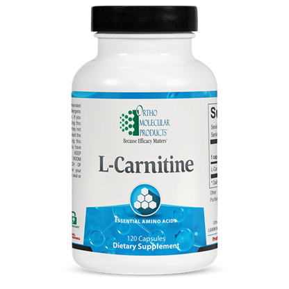 A bottle of Orthomolecular Products L-Carnitine dietary supplement, with the label displaying the product name and the number of capsules inside.
