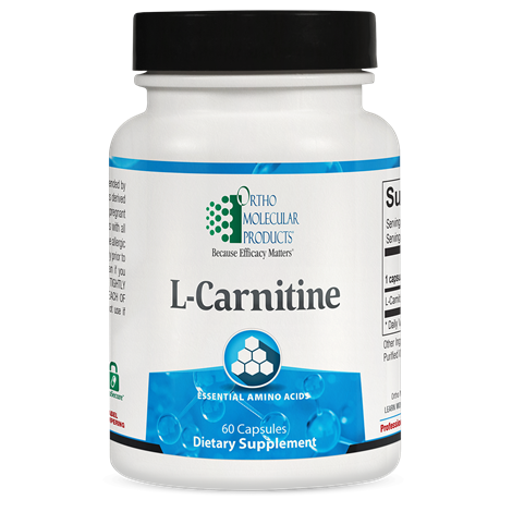 A bottle of Orthomolecular Products L-Carnitine dietary supplement, with the label displaying the product name and the number of capsules inside.