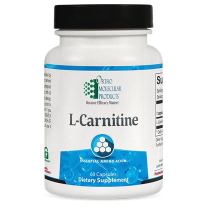 A bottle of Orthomolecular Products L-Carnitine dietary supplement, with the label displaying the product name and the number of capsules inside.