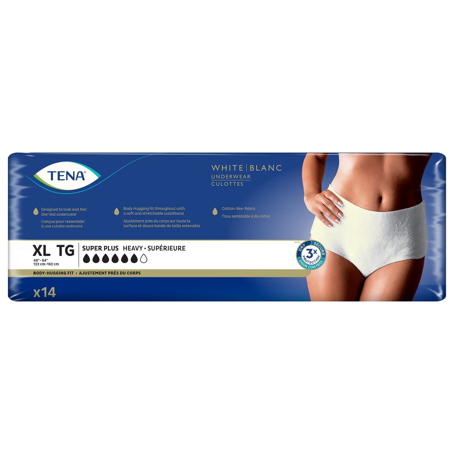 Tena underwear package with a person wearing the product on a white background