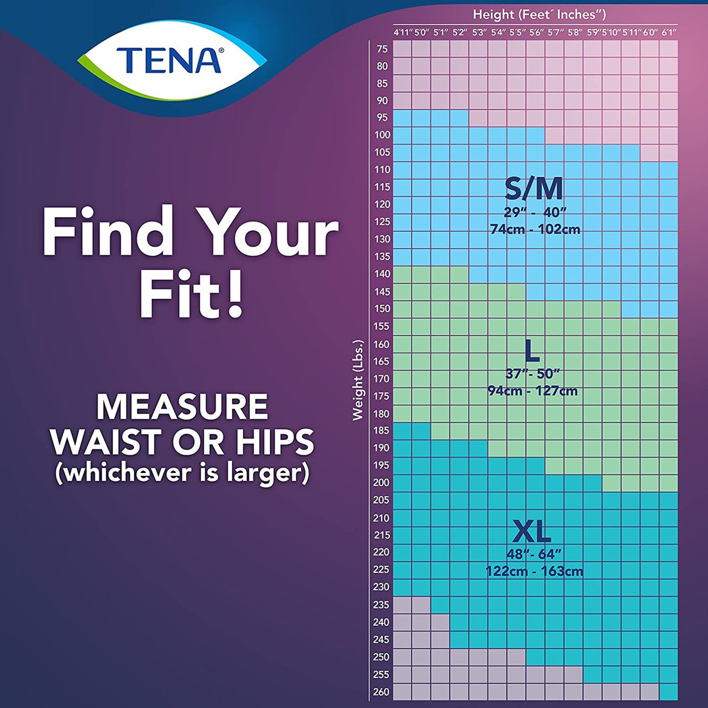 TENA size chart for measuring fit with height and weight chart on a purple background