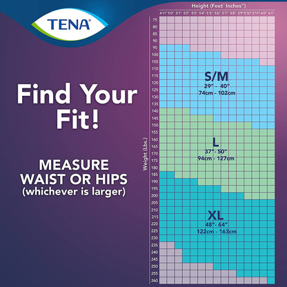 TENA size chart for measuring fit with height and weight chart on a purple background