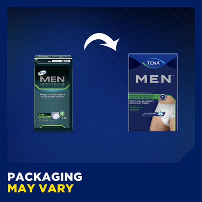 Two packages of TENA MEN protective underwear on a blue background with text indicating packaging may vary.