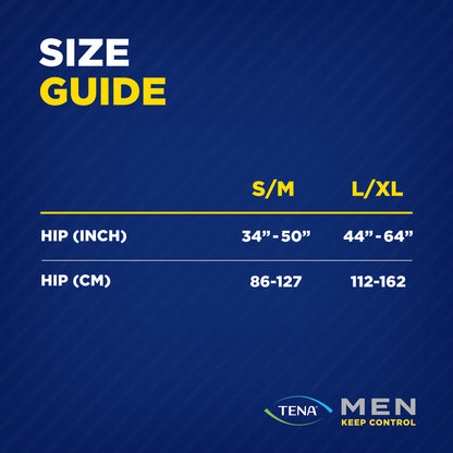 Size guide for men's underwear with hip measurements on a blue background
