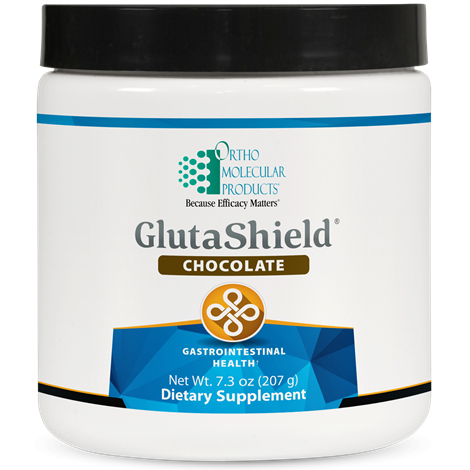 A container of OrthoMolecular Products GlutaShield in chocolate flavor for gastrointestinal health.