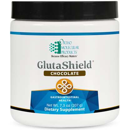 A container of OrthoMolecular Products GlutaShield in chocolate flavor for gastrointestinal health.